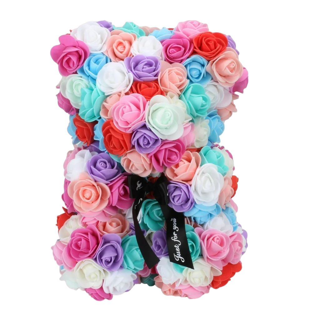 Multicolor Eternal Rose Bear - Handcrafted Foam Flowers