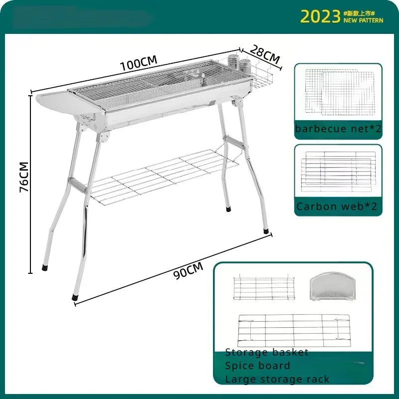 Portable Outdoor Stainless Steel Charcoal Grill Foldable BBQ Tool Silver