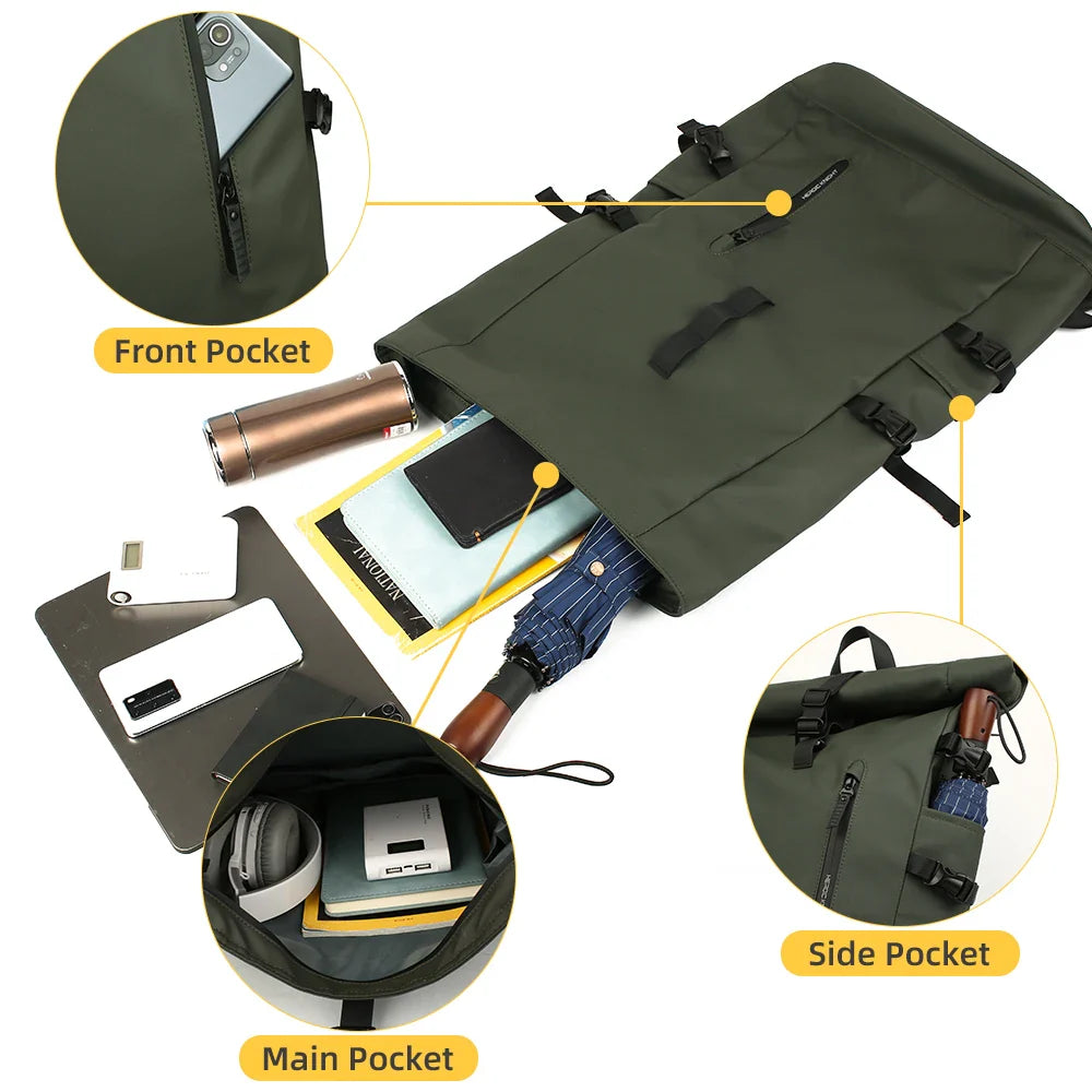 Expandable Waterproof Backpack Roll-Up Design with USB Charging Port Green