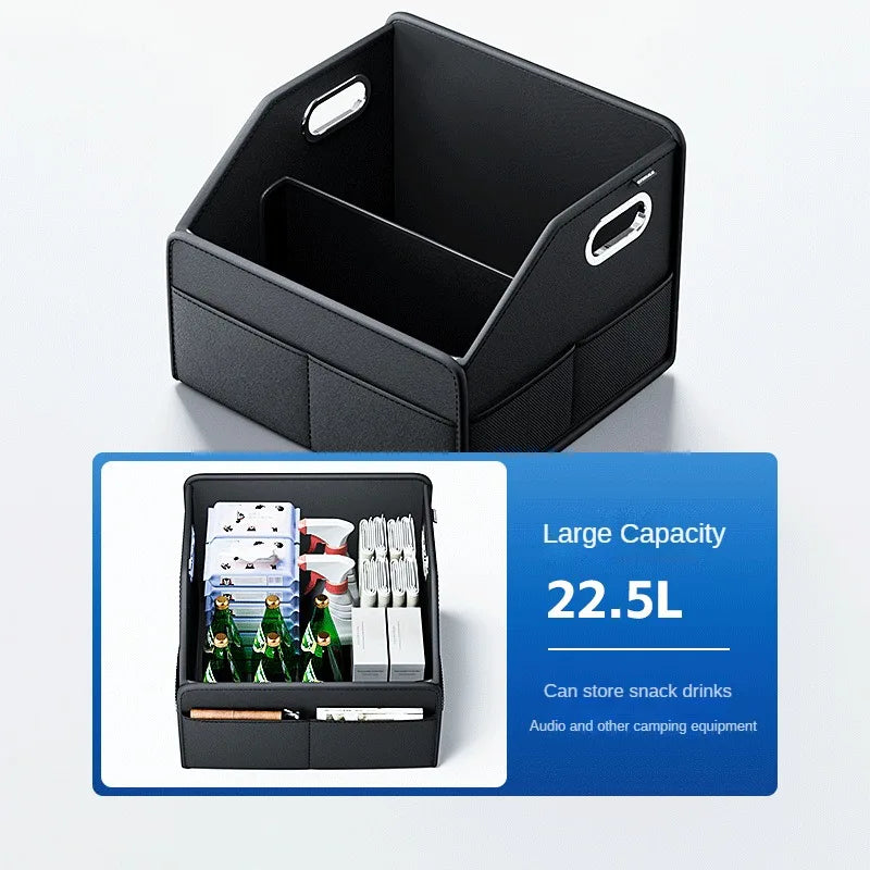 PU Leather Car Trunk Organizer Folding & Collapsible Cargo Storage Box Black