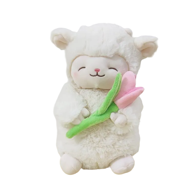 Kawaii White Sheep Lamb Plush with Tulip Flower