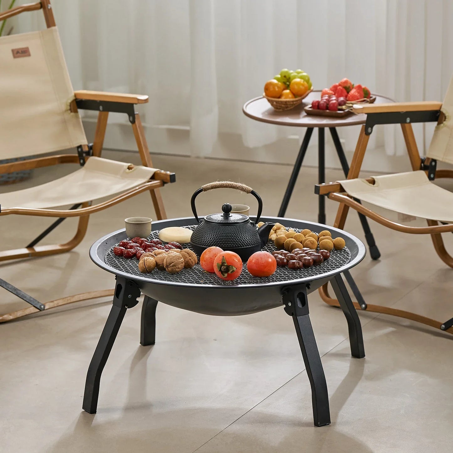 Outdoor Charcoal Fire Pit Portable Iron Fire Bowl with Folding Legs Black