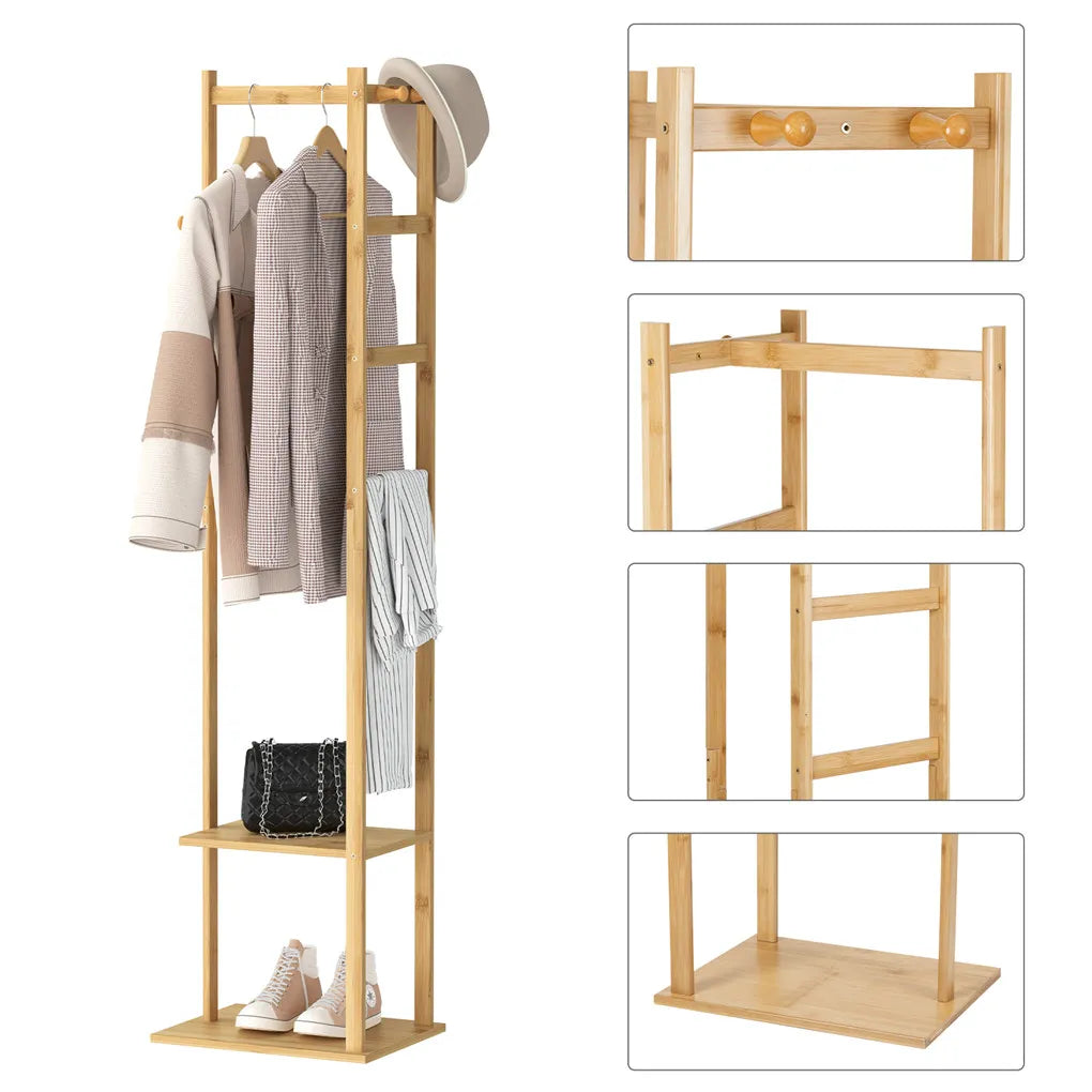 Yellow Bamboo Garment Rack with 2 Tier Shelves - Free-Standing Wooden Clothing Rack
