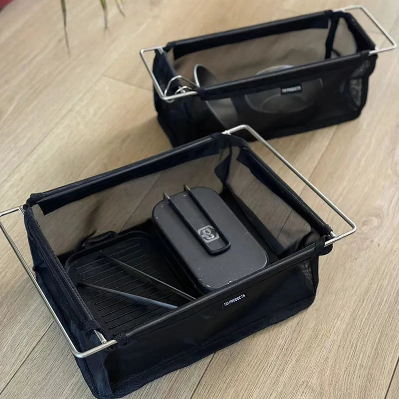 Folding Camping Mesh Basket Drainable Storage Bag Black