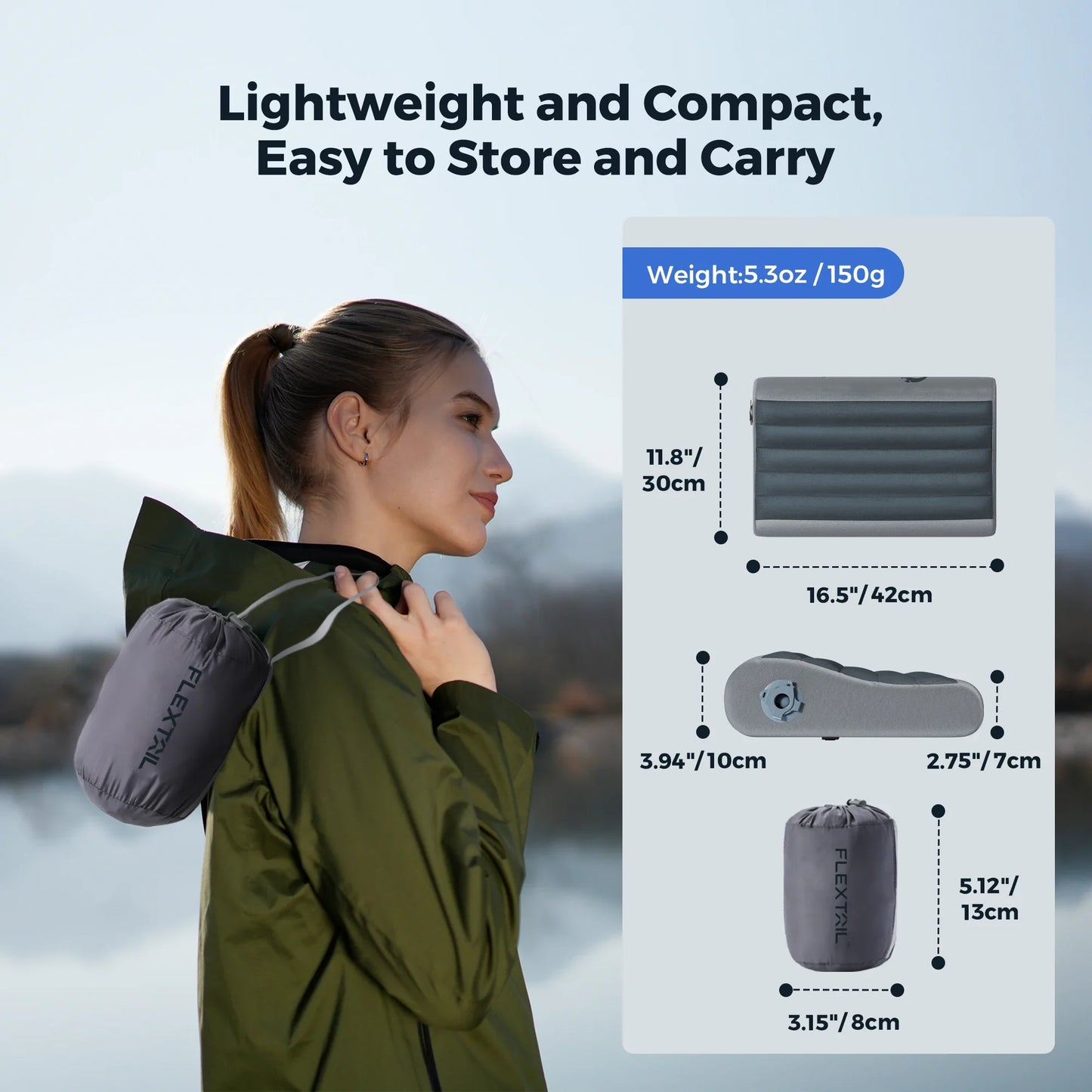 B-Shaped Inflatable Travel Pillow Dual Neck Support Gray