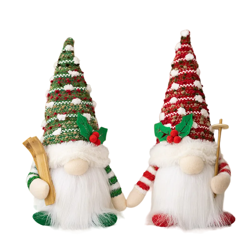 Enchanting Christmas Doll Sled Elf Ski Gnome with LED Light - 28cm (2pc Red Green)