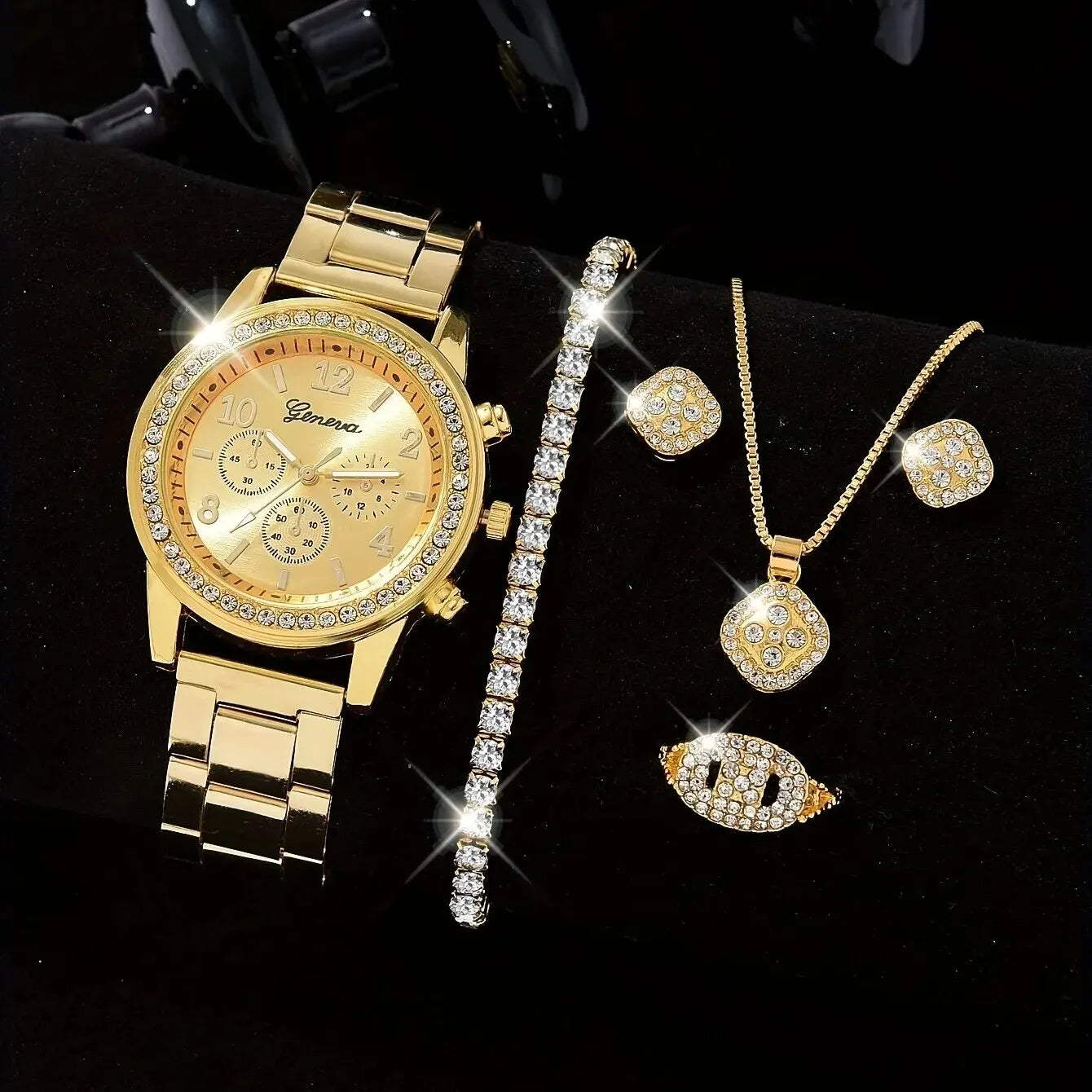 Womens Luxury Gold Watch Jewelry Set (5PCS)