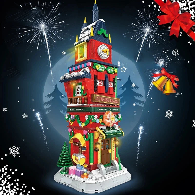 2023 City Creativity Winter Village Countdown Tower Model Building Blocks