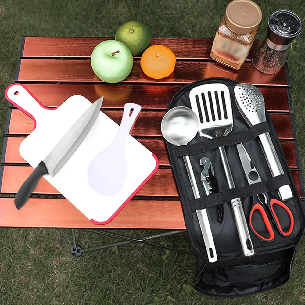 Portable Stainless Steel Camping Utensils Set - 9 Piece Cookware Kit in Black