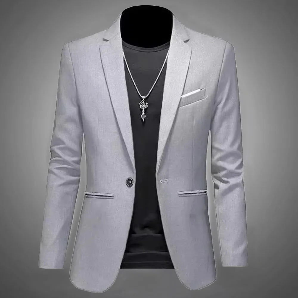 Mens Slim Fit Casual Suit Jacket Single Button (Gray)