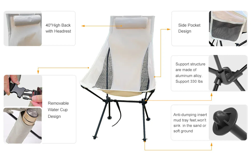 Portable Camping Chair - Lightweight Aluminum Alloy with Headrest