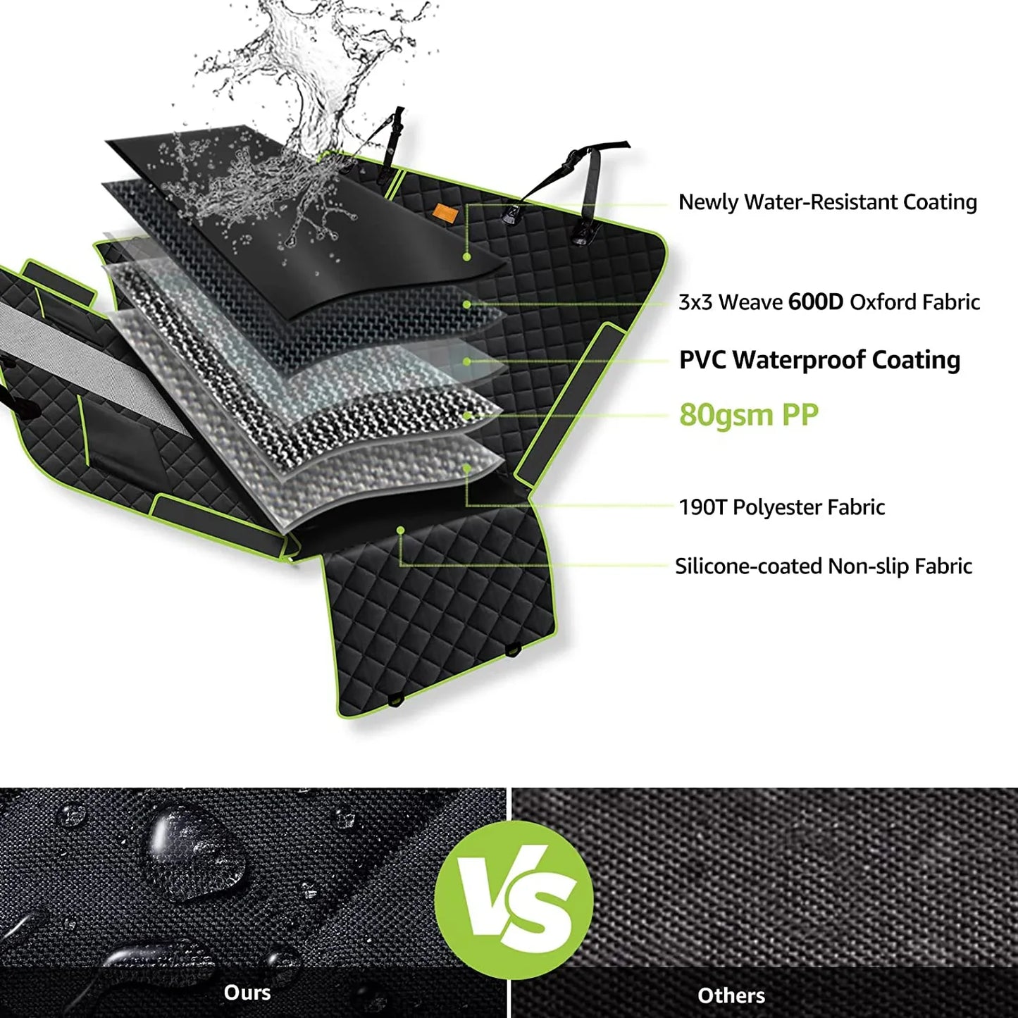 6-in-1 Waterproof Dog Car Seat Cover for Back Seat Hammock Style Green