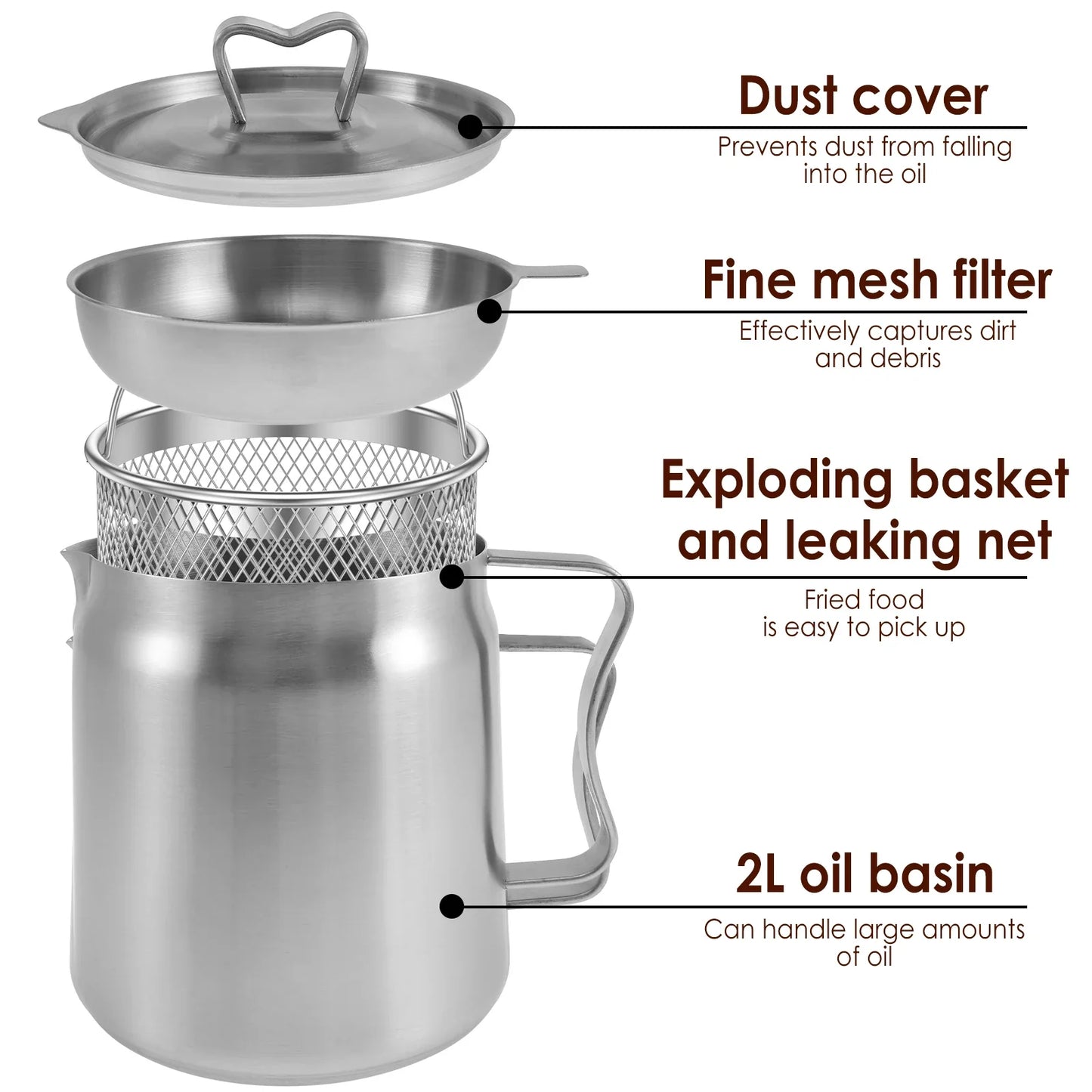 2L Stainless Steel Oil Filter Pot with Fine Mesh Strainer And Fry Basket Silver