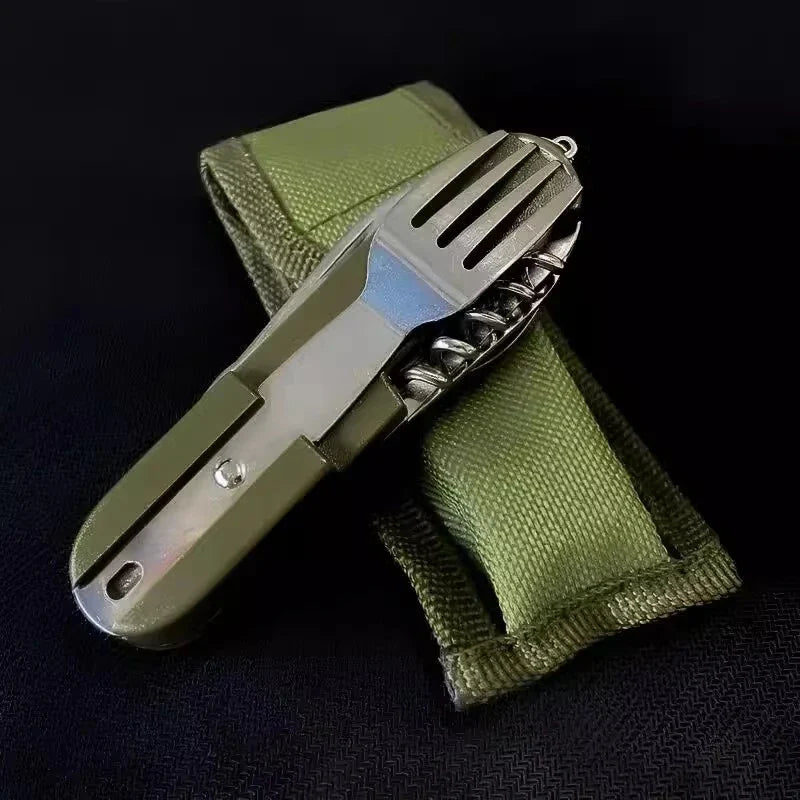 7-in-1 Folding Camping Cutlery Set with Storage Bag Green