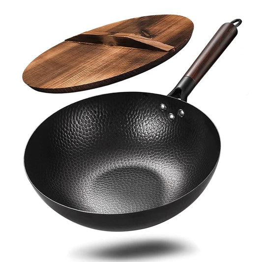 32cm Carbon Steel Wok with Wooden Lid Flat Bottom Non-Stick Black