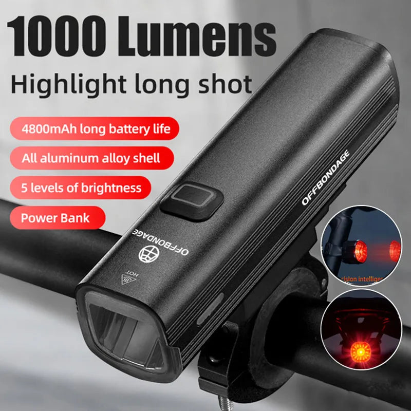 1000 Lumen USB Rechargeable Bike Front Light 3 Modes Black