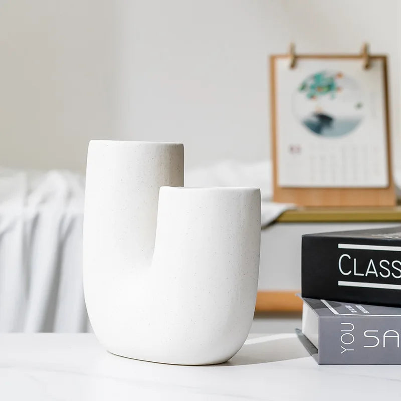 Nordic Elegance: White Ceramic U-shaped Vase for Stylish Living Spaces