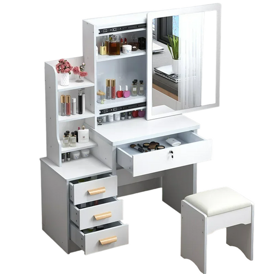 Elegance in Simplicity: White Dressing Table Set with Sliding Mirror & Ample Storage
