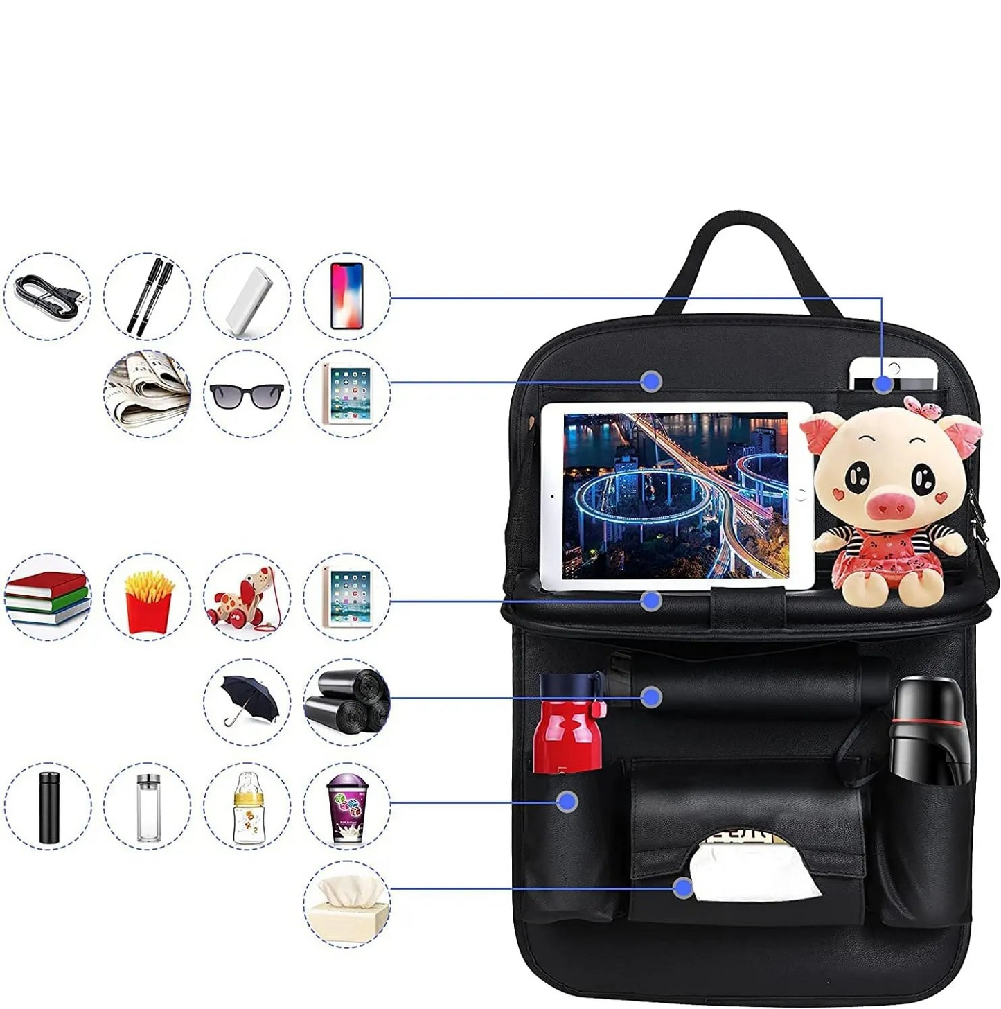 Car Seat Back Organizer with Foldable Table Tray PU Leather Storage Black