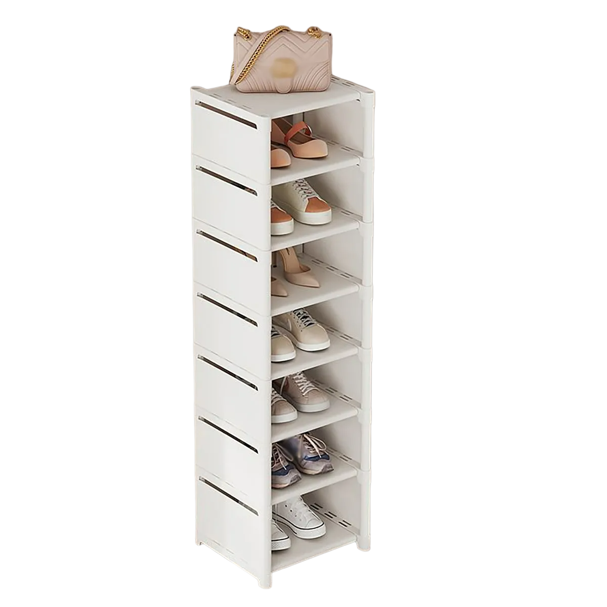 8-Layer Foldable Shoe Rack Organizer - Space-Saving Wall Corner Storage (White)