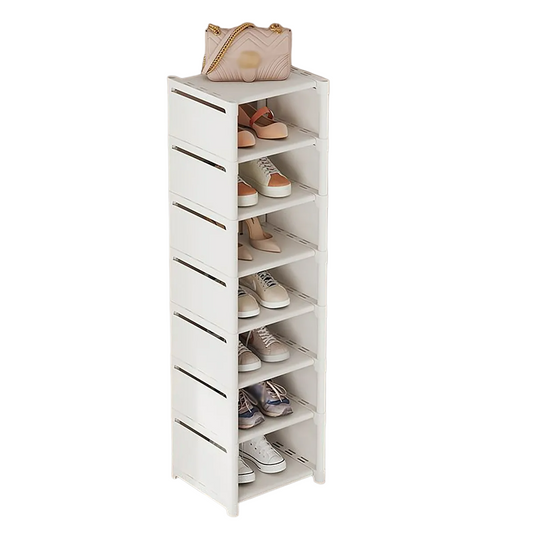 8-Layer Foldable Shoe Rack Organizer - Space-Saving Wall Corner Storage (White)
