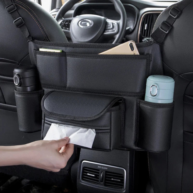 Multifunctional Leather Car Seat Storage Bag Hanging Organizer Black
