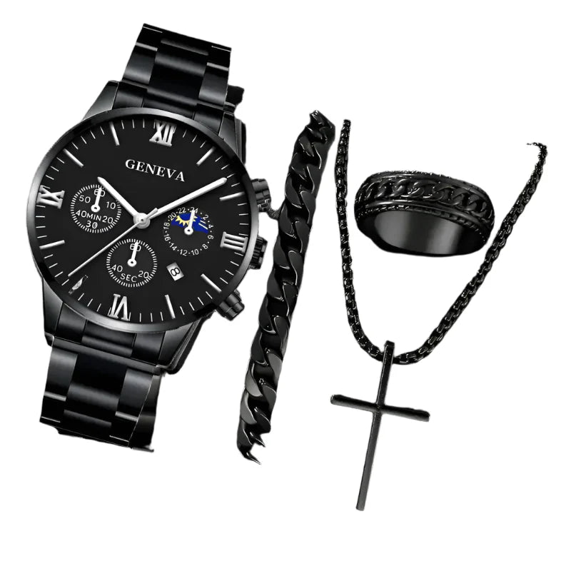4PCS Men's Stainless Steel Quartz Watch Set (W118-B)