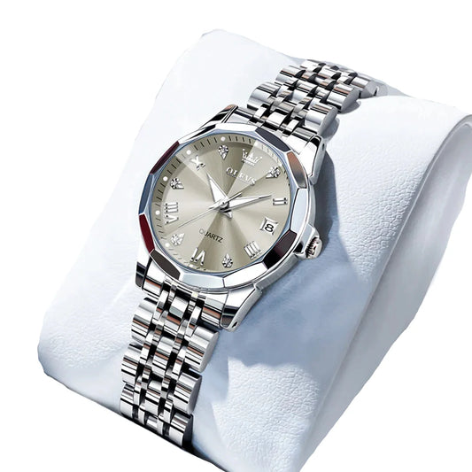 Womens Stainless Steel Quartz Watch Waterproof (Silver Grey)