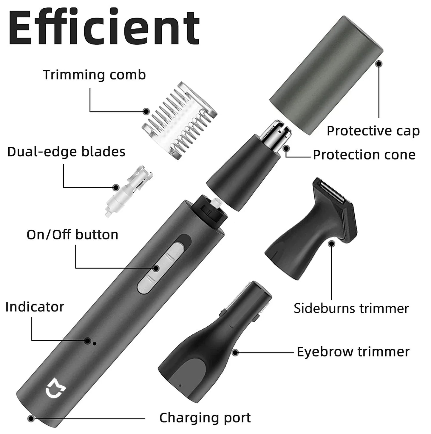 3-in-1 Electric Nose Ear Hair Trimmer Painless Rechargeable Clipper Black