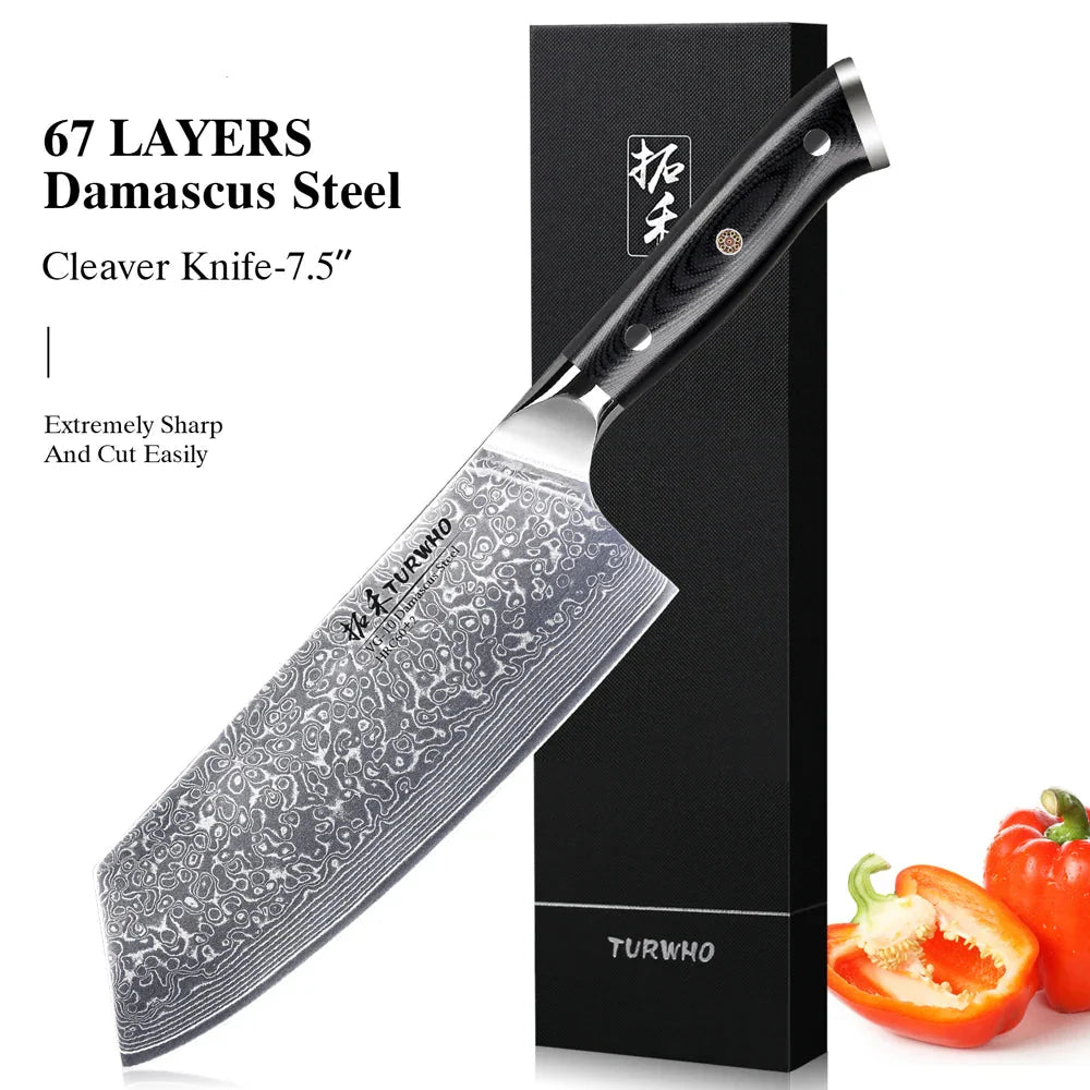 7.5-Inch Damascus Steel Cleaver Knife G10 Handle Black