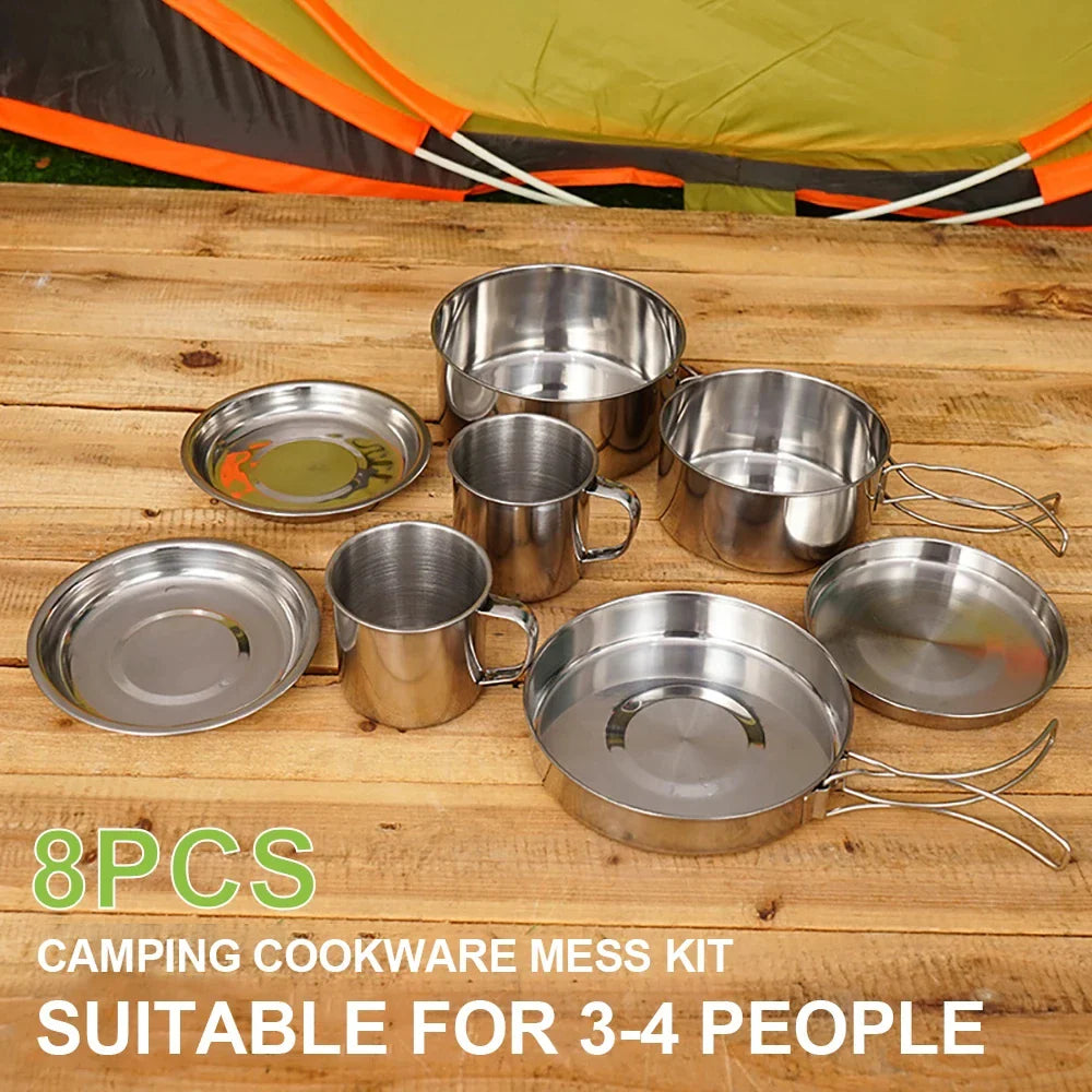 8-Piece Camping Cookware Mess Kit Silver