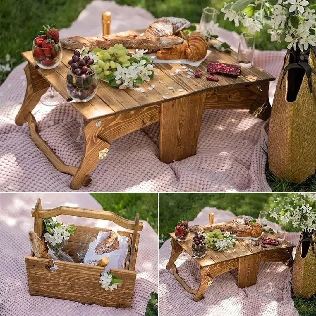2-in-1 Wooden Folding Wine Table & Storage Basket