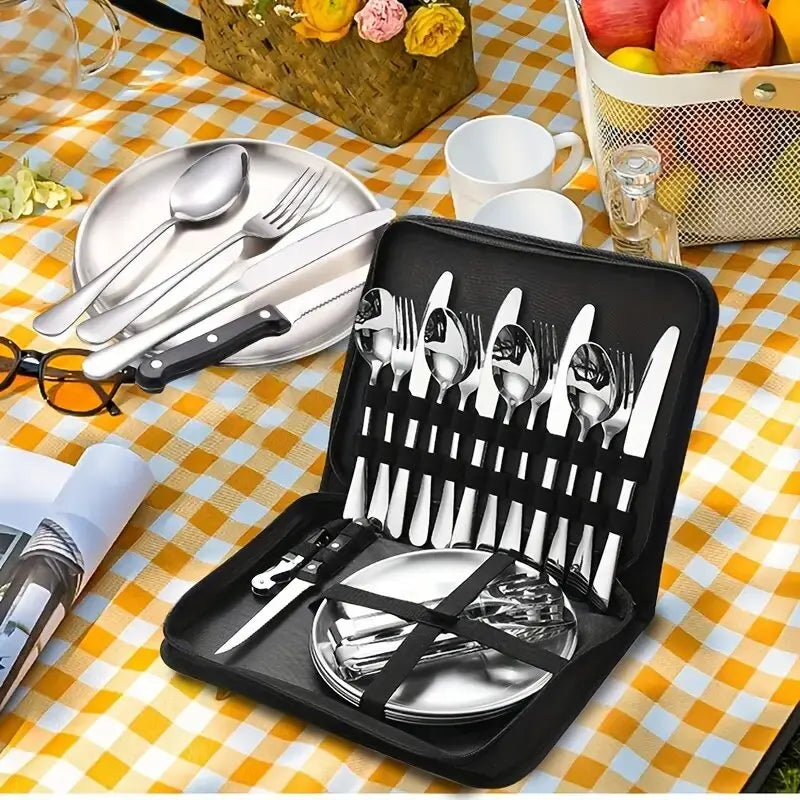 20-Piece Steel Outdoor Camping Cutlery Set Silver