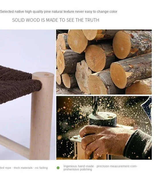 Hand-Woven Wooden Shoe Changing Stool - Beige Pine Stool with Non-Slip Surface