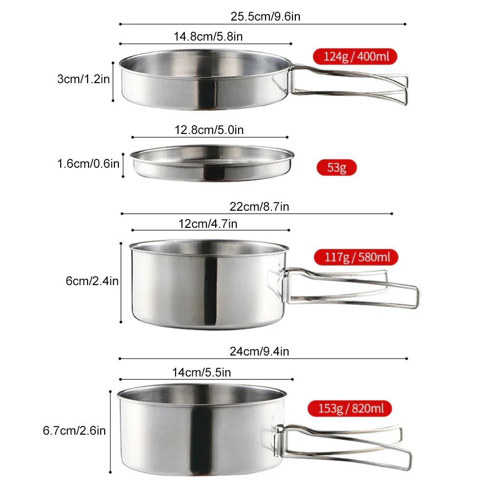 Outdoor Stainless-Steel Camping Cookware Set - Silver