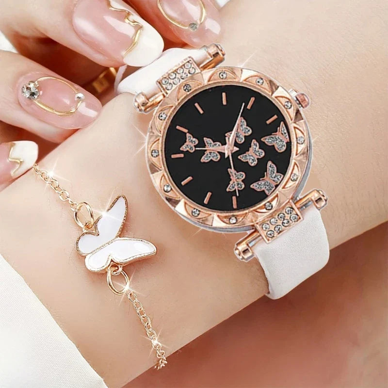 Butterfly Jewelry Set Watch Necklace Earrings Bracelet (White)