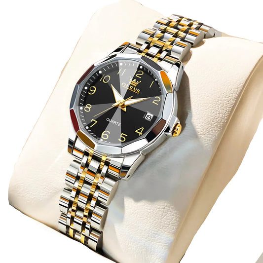 Womens Stainless Steel Quartz Watch Waterproof (Gold Black)