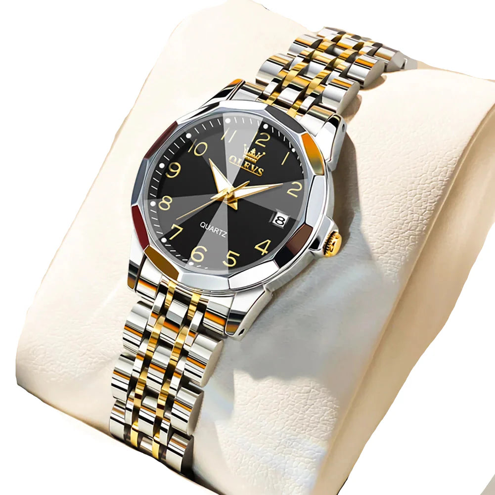 Womens Stainless Steel Quartz Watch Waterproof (Gold Black)