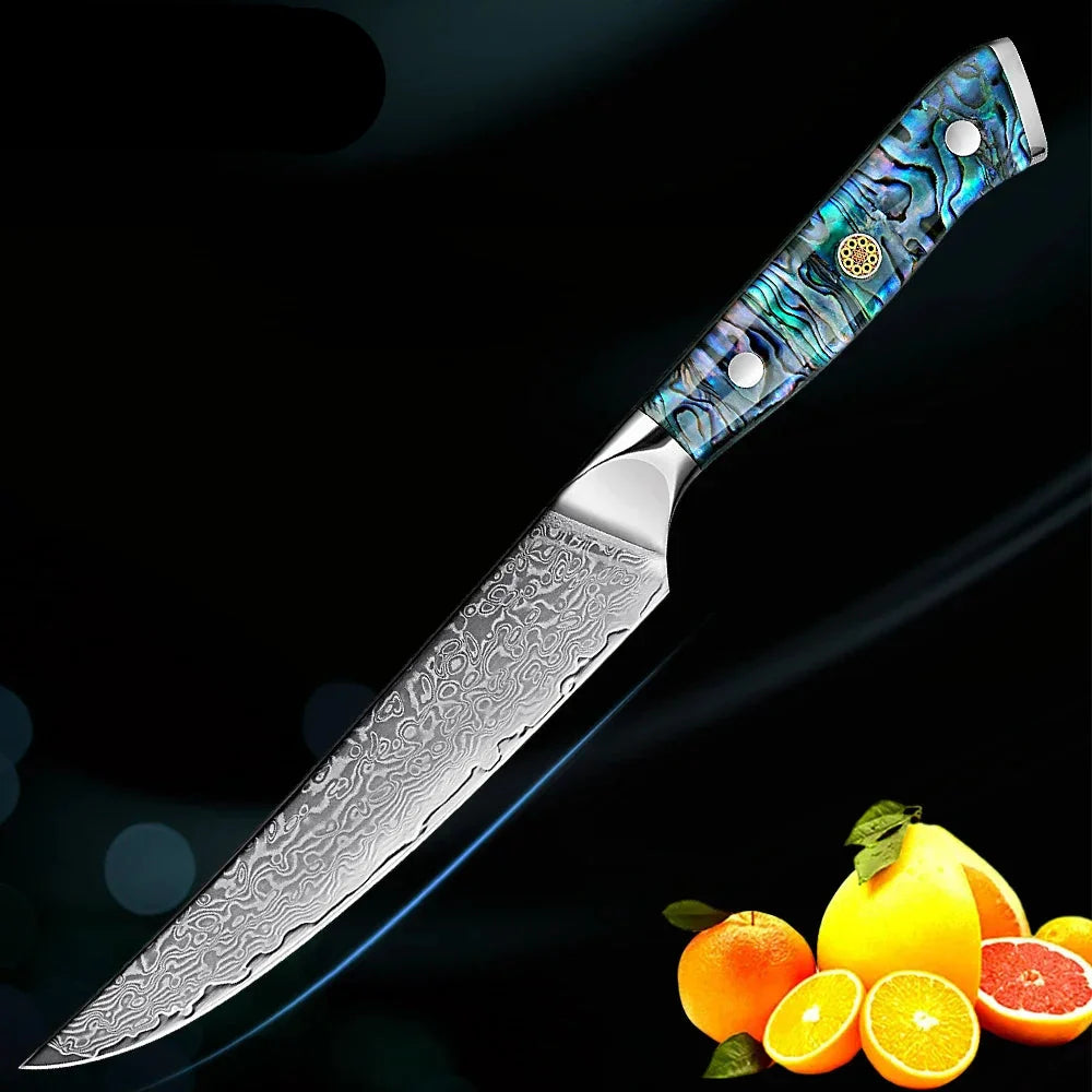 6-Inch Damascus Utility Knife Abalone Shell Handle Blue