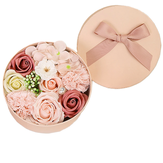 Non-Withered Soap Flower Small Round Box Decoration Set - Big Pink Simulation Flowers