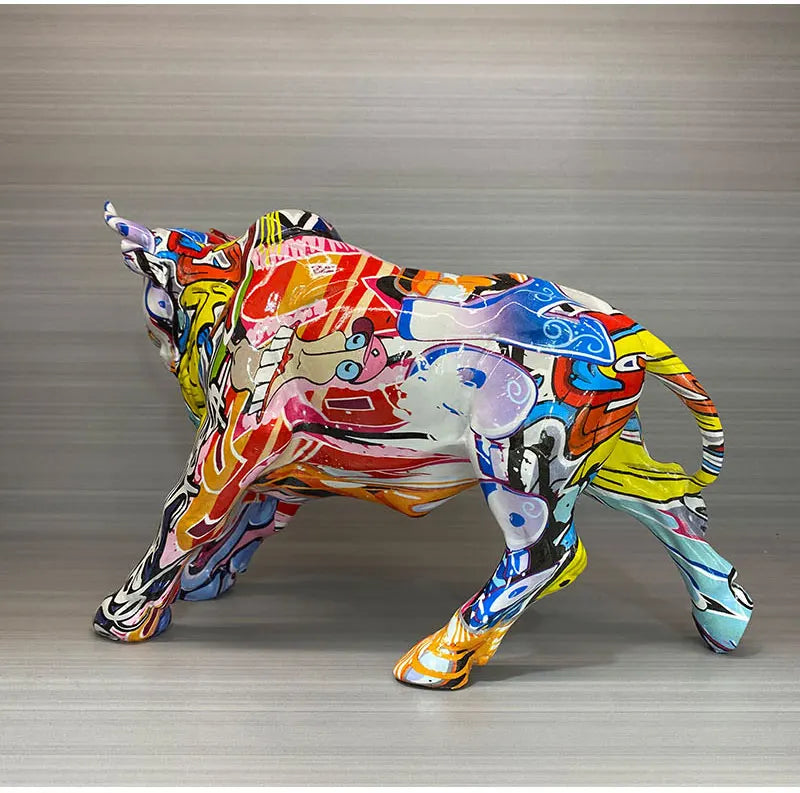 Graffiti Bull Figurine: Artistic Feng Shui Decor for Home and Office