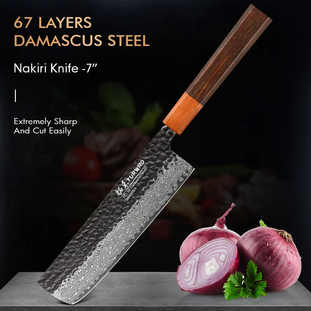 7-Inch Hand-Forged Japanese Nakiri Knife 67-Layer Damascus Steel Brown