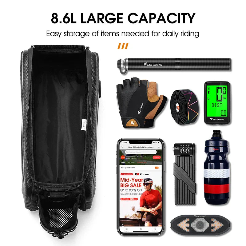 8.6L Hard Shell Waterproof Bicycle Trunk Bag Black