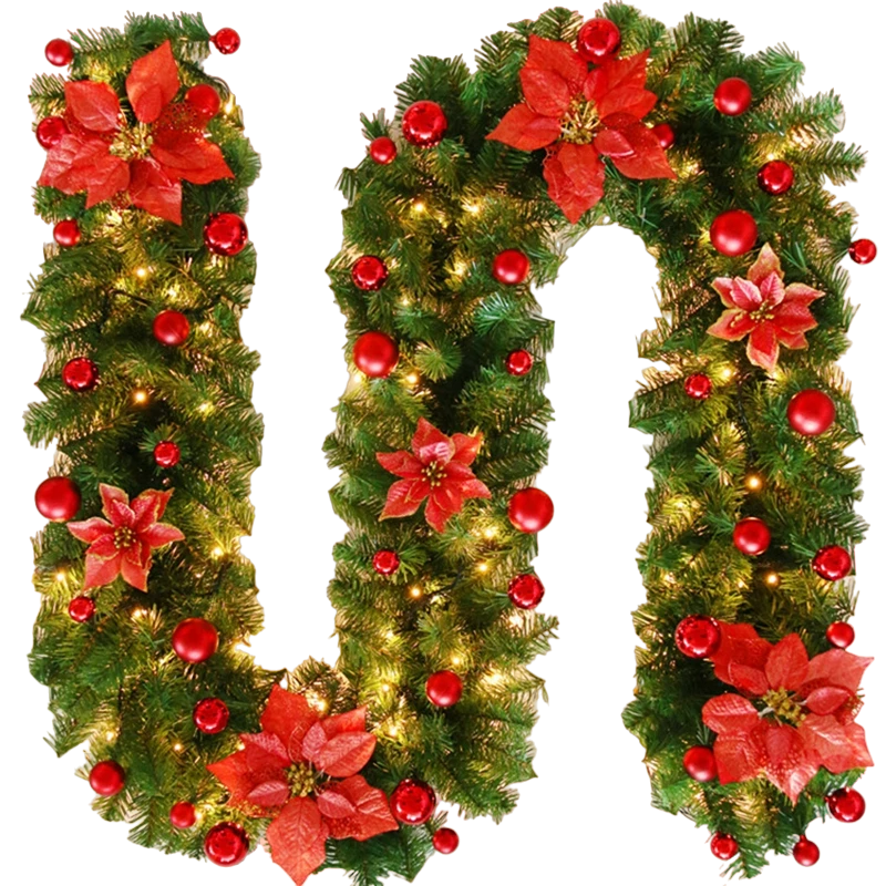 9ft Christmas LED Garland Wreath with Holly, Baubles, and Glitter Finish - Red