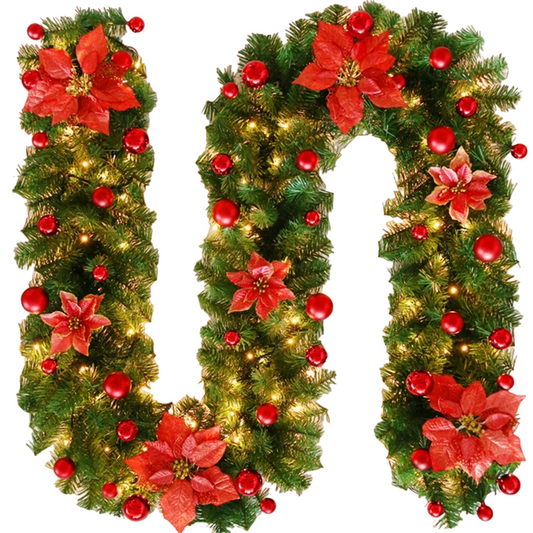 9ft Christmas LED Garland Wreath with Holly, Baubles, and Glitter Finish - Red