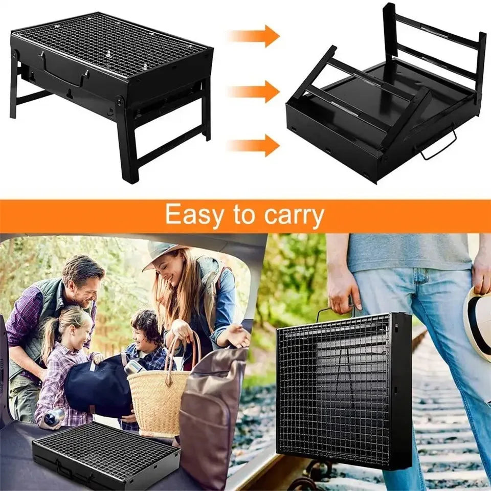 Portable Charcoal BBQ Grill Stainless Steel Mini Outdoor Cooking Kit (Black)