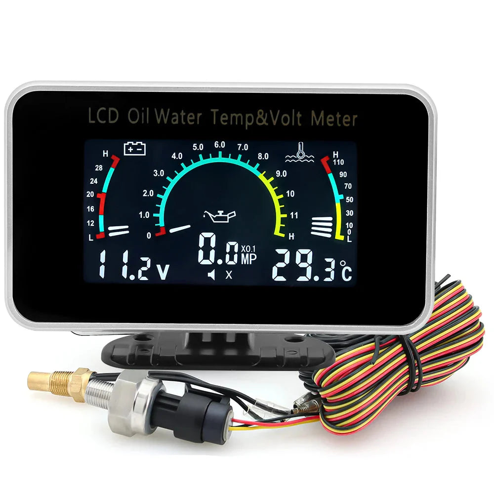 3 in 1 LCD Gauge Oil Temperature Water Temperature And Voltmeter Black