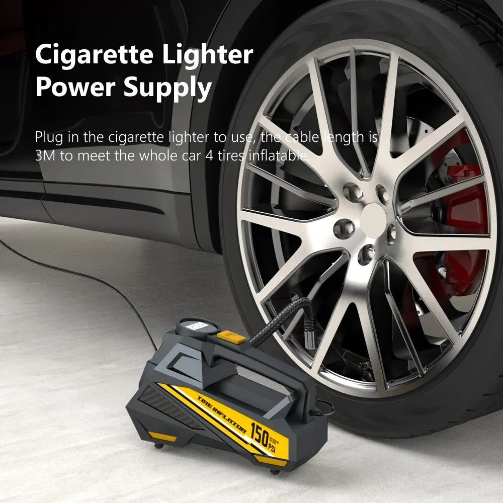 Corded Portable Car Air Pump 12V 150PSI Electric Tire Inflator with LED Yellow