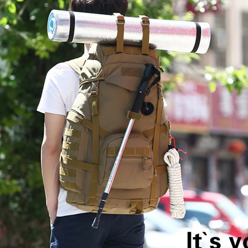 60L Tactical Camping Backpack Waterproof Khaki