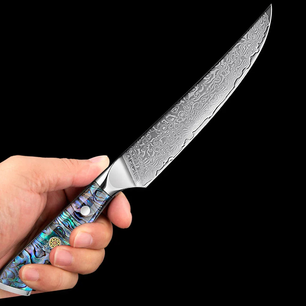 6-Inch Damascus Utility Knife Abalone Shell Handle Blue